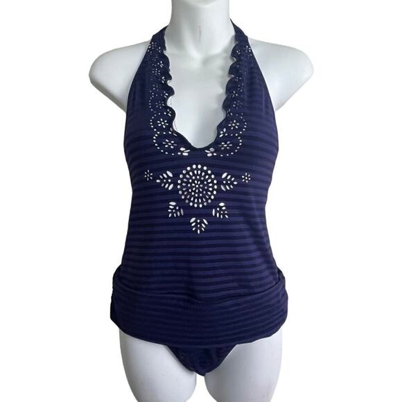 Becca by Rebecca Virtue One Piece Swimsuit‎ M Blue Stripe Halter Laser Cut - Picture 1 of 8
